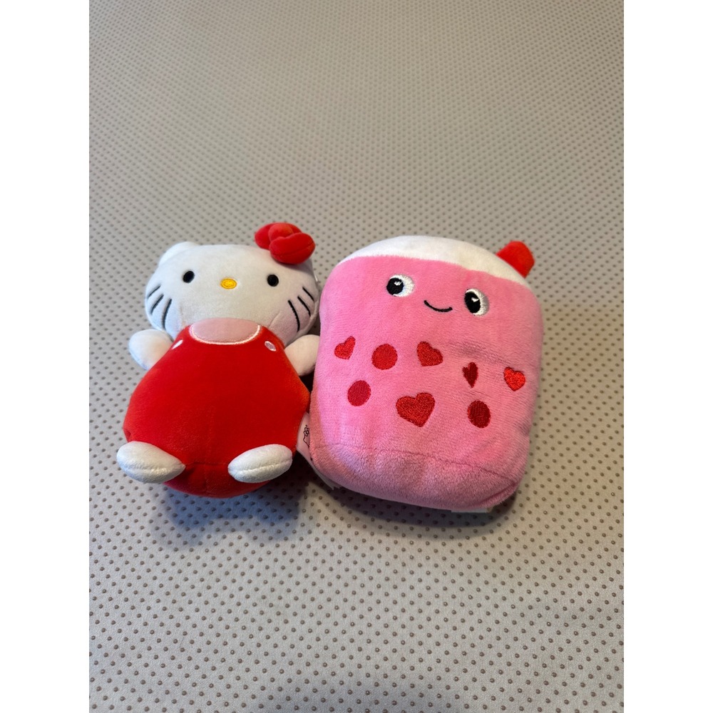 Sanrio Hello Kitty and Pink Boba Tea Heart Plush Set Kawaii Stuffed Animals